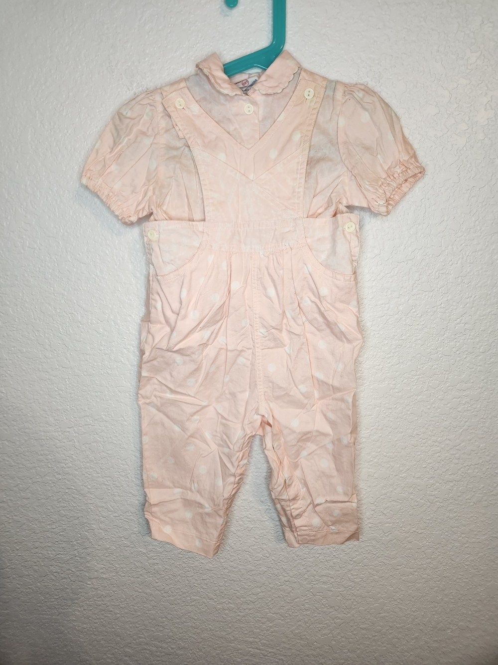 Popsicle vintage pink white polka dot baby romper featuring ruffled sleeves 18m
